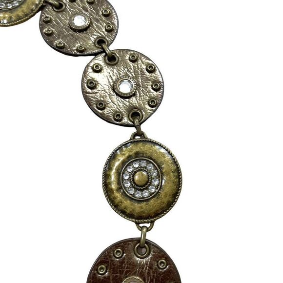 Leather metal‎ round medallion concho belt studded tooled rhinestones brass tone - Picture 6 of 8